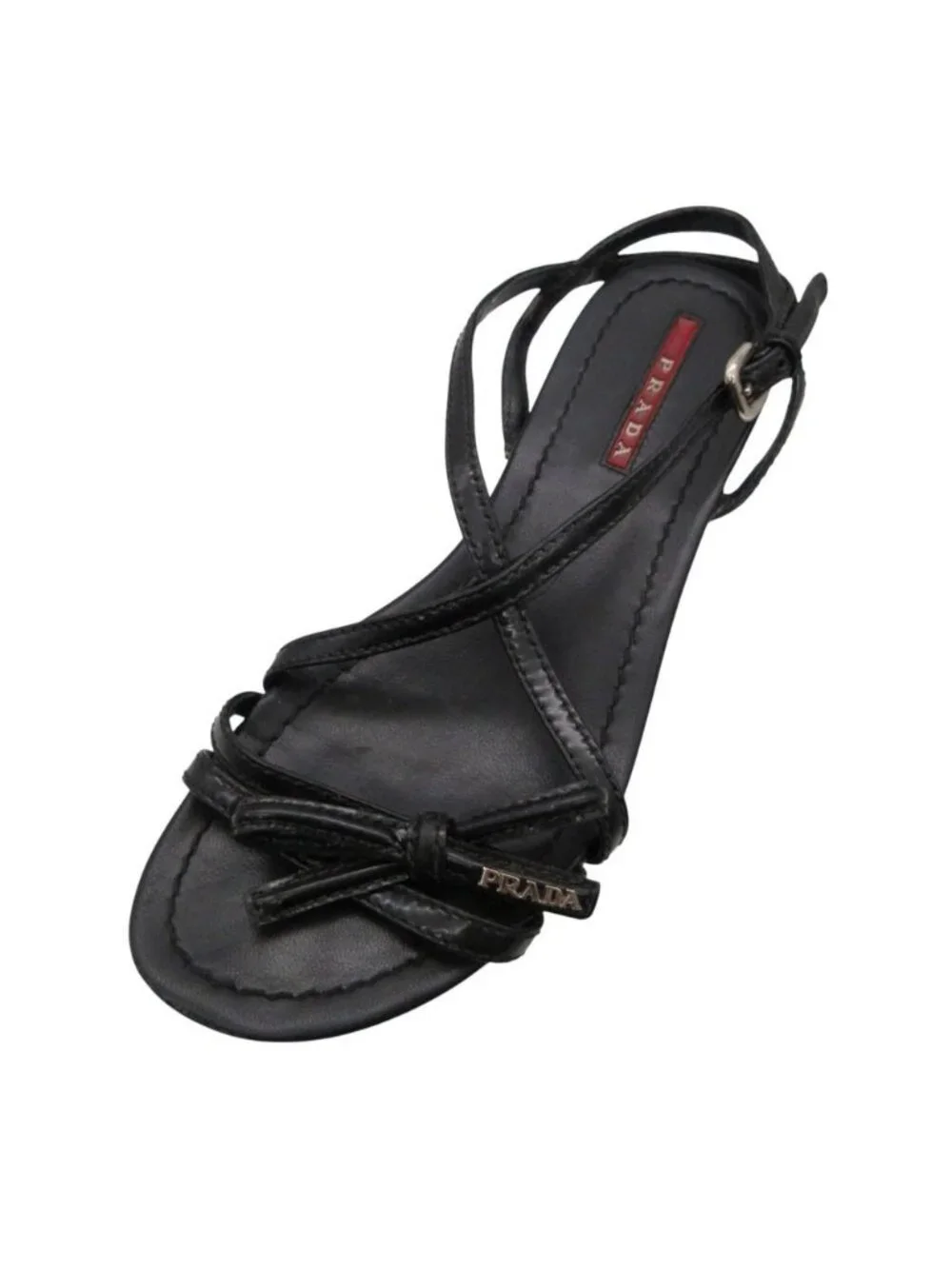 Prada Sandals Wedge Sole Ribbon Cross Strap Logo Patent Leather Black